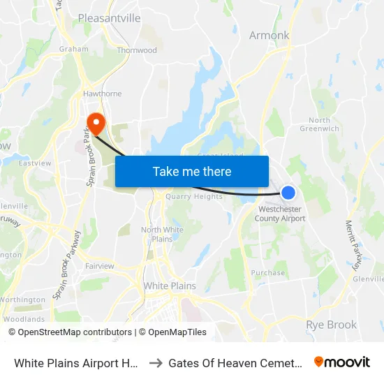 White Plains Airport HPN to Gates Of Heaven Cemetary map