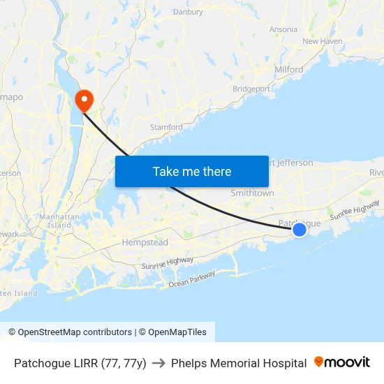 Patchogue LIRR (77, 77y) to Phelps Memorial Hospital map