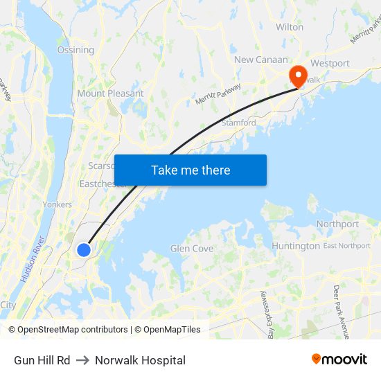 Gun Hill Rd to Norwalk Hospital map