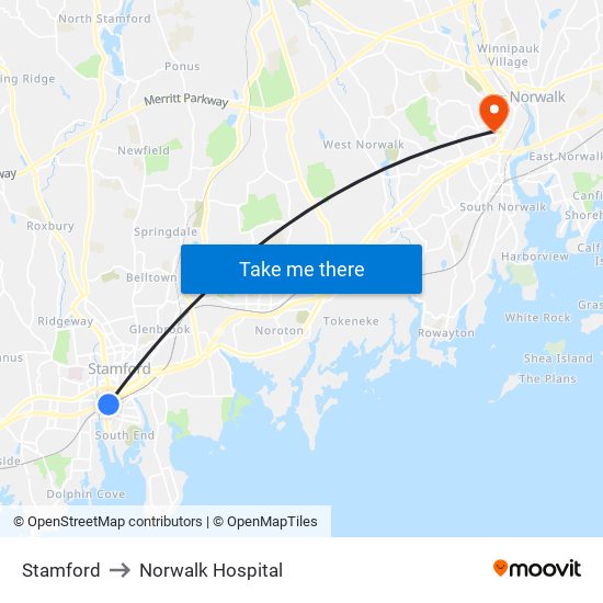 Stamford to Norwalk Hospital map