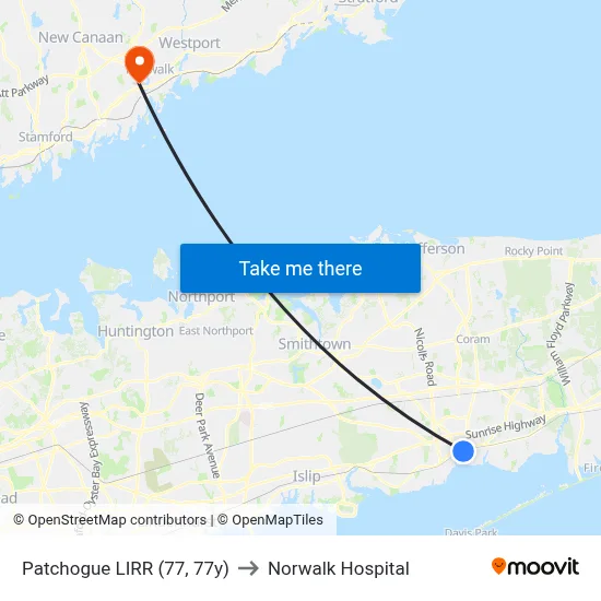 Patchogue LIRR (77, 77y) to Norwalk Hospital map