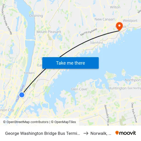 George Washington Bridge Bus Terminal to Norwalk, CT map