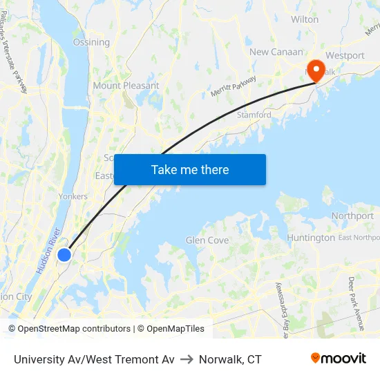 University Av/West Tremont Av to Norwalk, CT map