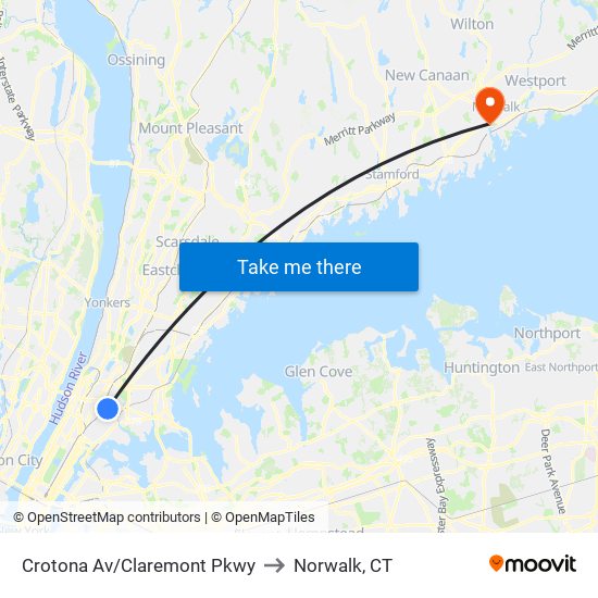 Crotona Av/Claremont Pkwy to Norwalk, CT map