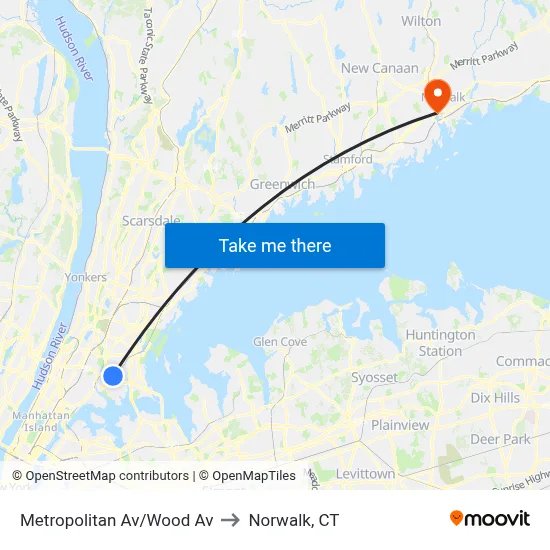 Metropolitan Av/Wood Av to Norwalk, CT map