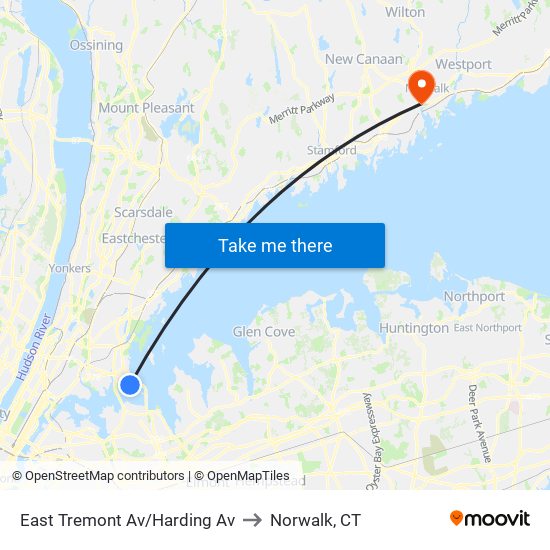 East Tremont Av/Harding Av to Norwalk, CT map