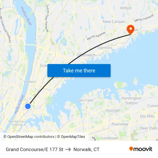 Grand Concourse/E 177 St to Norwalk, CT map
