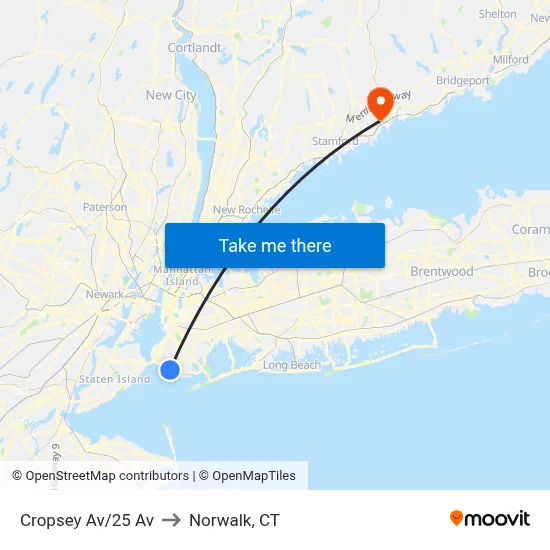 Cropsey Av/25 Av to Norwalk, CT map