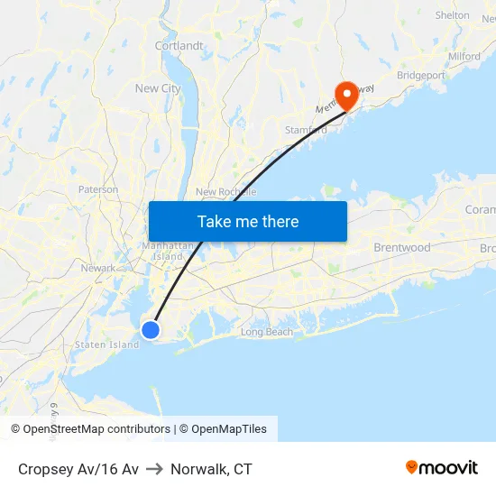 Cropsey Av/16 Av to Norwalk, CT map
