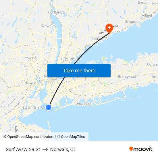 Surf Av/W 29 St to Norwalk, CT map