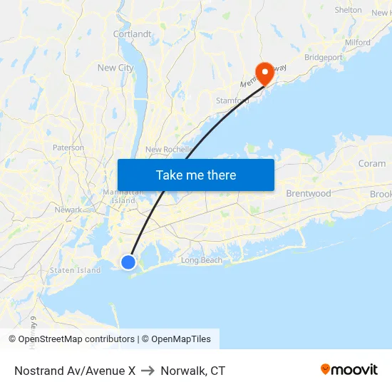 Nostrand Av/Avenue X to Norwalk, CT map