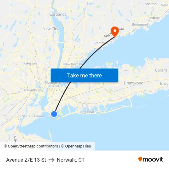 Avenue Z/E 13 St to Norwalk, CT map