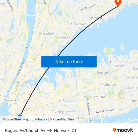 Rogers Av/Church Av to Norwalk, CT map