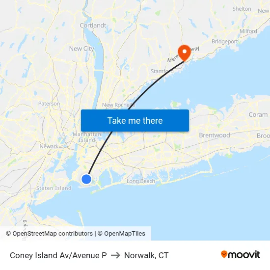 Coney Island Av/Avenue P to Norwalk, CT map