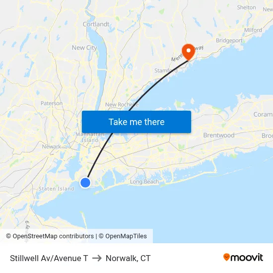 Stillwell Av/Avenue T to Norwalk, CT map