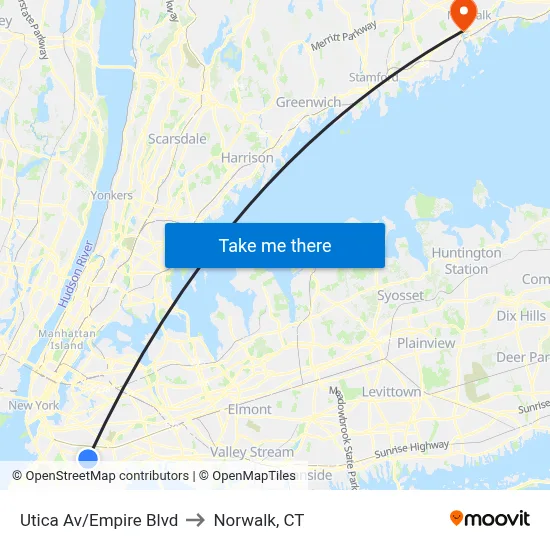 Utica Av/Empire Blvd to Norwalk, CT map