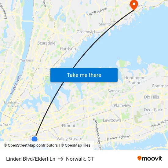 Linden Blvd/Eldert Ln to Norwalk, CT map