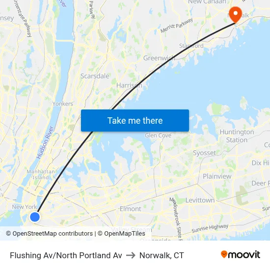 Flushing Av/North Portland Av to Norwalk, CT map