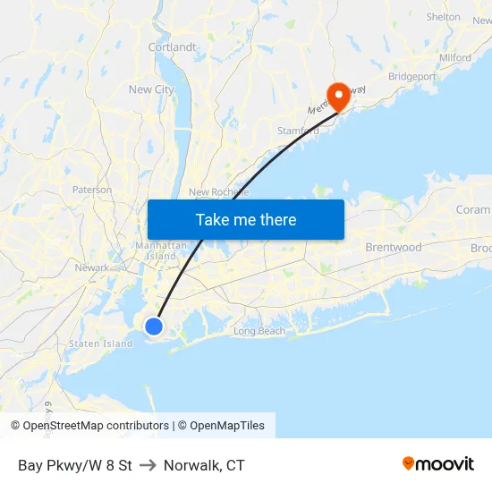 Bay Pkwy/W 8 St to Norwalk, CT map