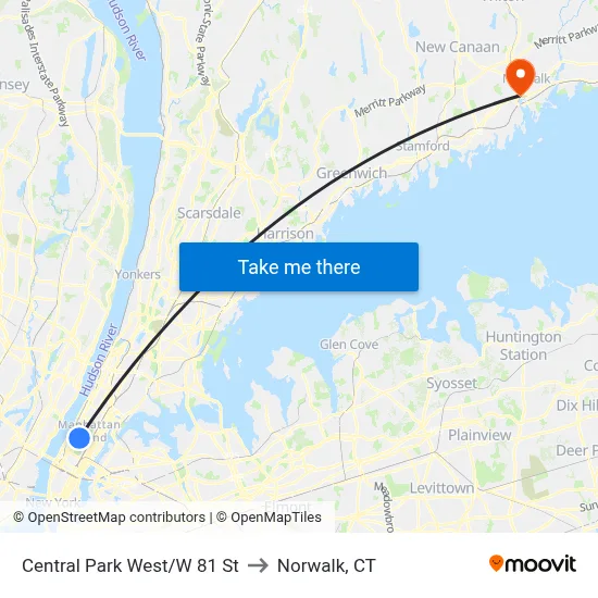 Central Park West/W 81 St to Norwalk, CT map