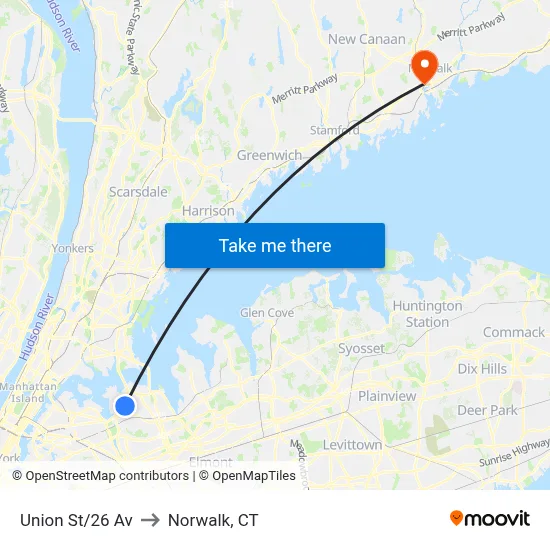 Union St/26 Av to Norwalk, CT map