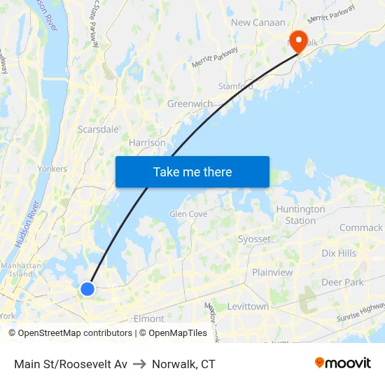 Main St/Roosevelt Av to Norwalk, CT map
