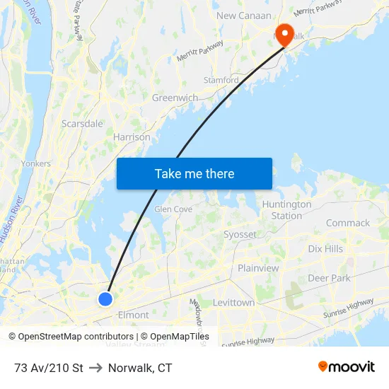 73 Av/210 St to Norwalk, CT map