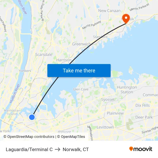 Laguardia/Terminal C to Norwalk, CT map