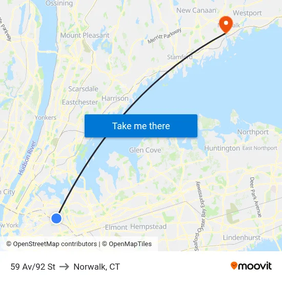 59 Av/92 St to Norwalk, CT map