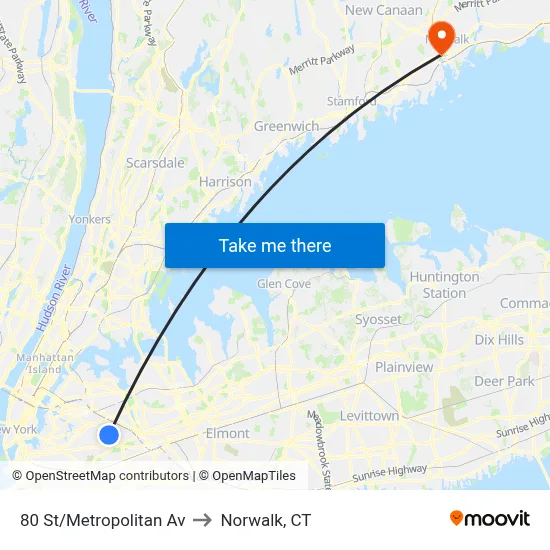 80 St/Metropolitan Av to Norwalk, CT map