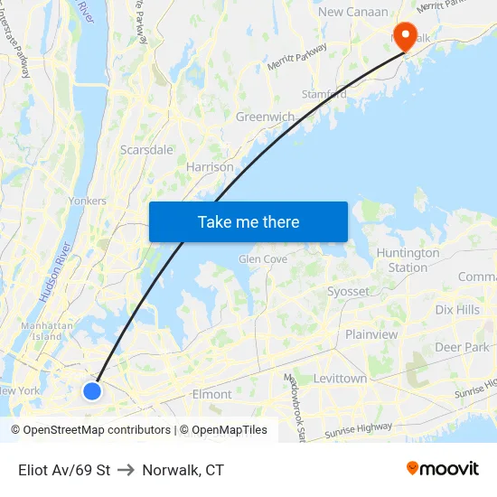 Eliot Av/69 St to Norwalk, CT map