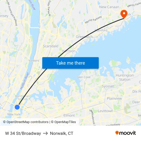 W 34 St/Broadway to Norwalk, CT map