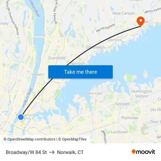 Broadway/W 84 St to Norwalk, CT map
