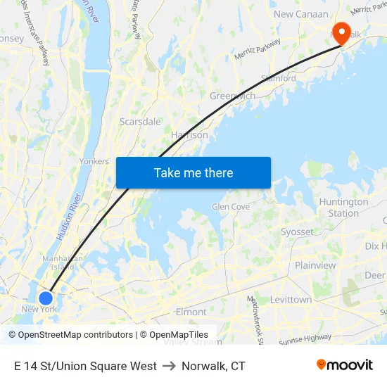 E 14 St/Union Square West to Norwalk, CT map