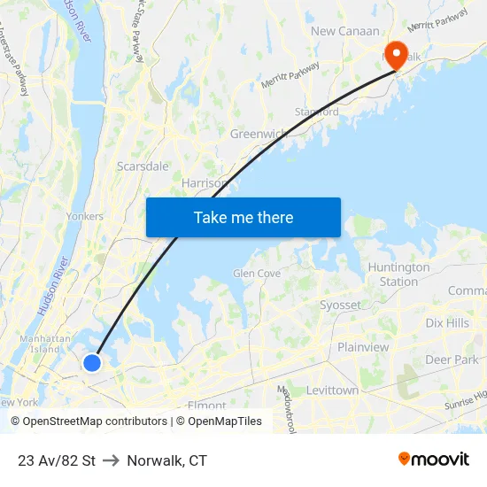 23 Av/82 St to Norwalk, CT map