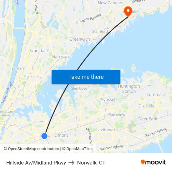 Hillside Av/Midland Pkwy to Norwalk, CT map