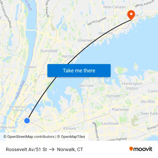 Roosevelt Av/51 St to Norwalk, CT map