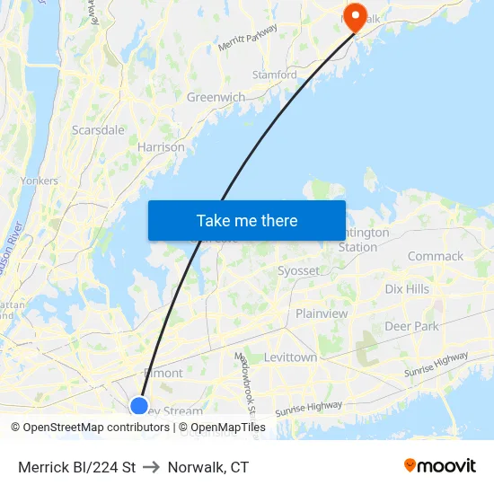 Merrick Bl/224 St to Norwalk, CT map