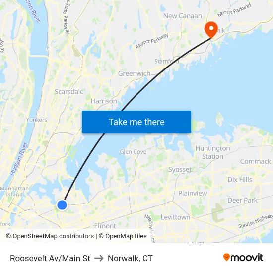Roosevelt Av/Main St to Norwalk, CT map