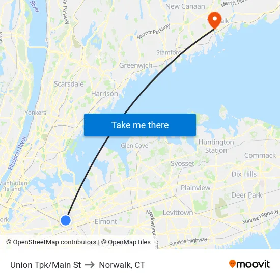 Union Tpk/Main St to Norwalk, CT map