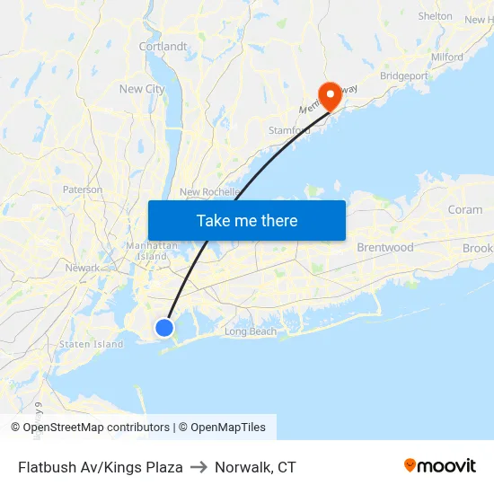 Flatbush Av/Kings Plaza to Norwalk, CT map
