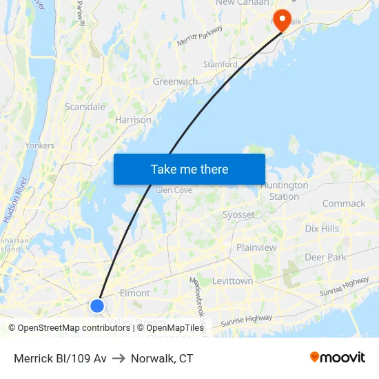 Merrick Bl/109 Av to Norwalk, CT map