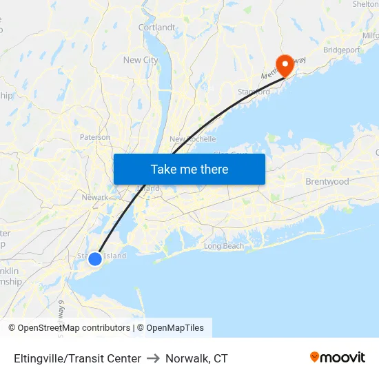Eltingville/Transit Center to Norwalk, CT map
