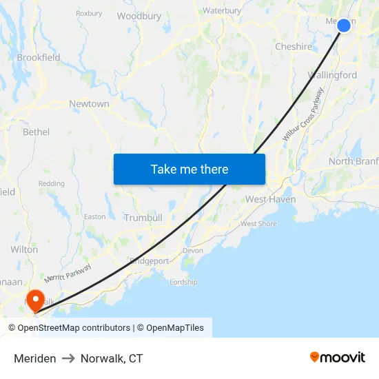Meriden to Norwalk, CT map
