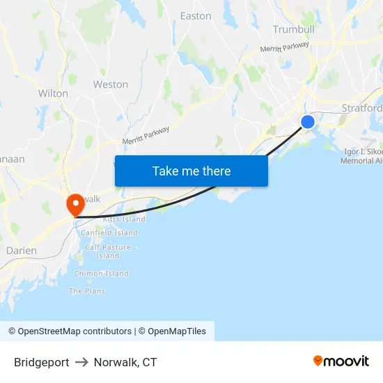 Bridgeport to Norwalk, CT map