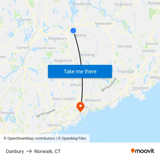 Danbury to Norwalk, CT map