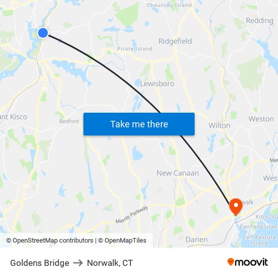 Goldens Bridge to Norwalk, CT map