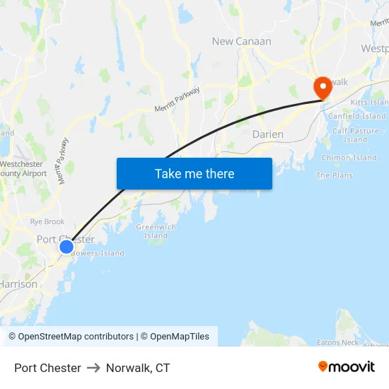 Port Chester to Norwalk, CT map