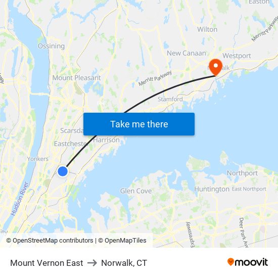 Mount Vernon East to Norwalk, CT map