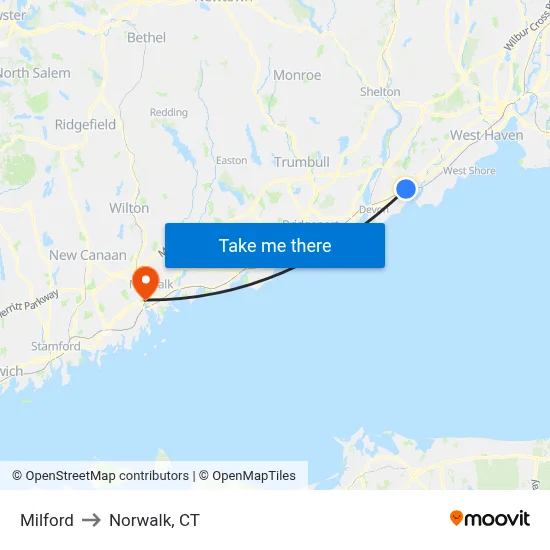 Milford to Norwalk, CT map